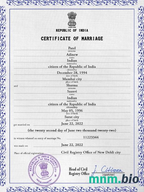 India akt małżeństwa PSD szablon, fully editable